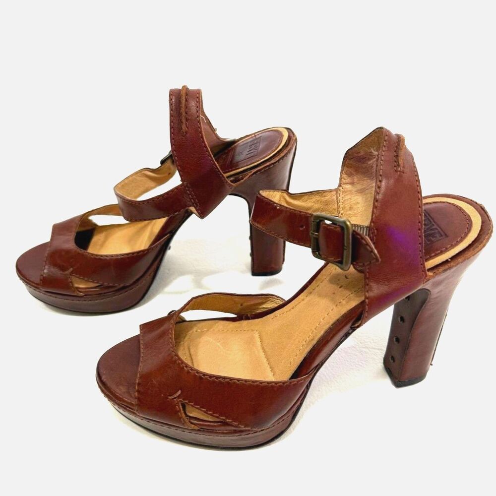 Frye Samantha Seam brown leather ankle strap platform heel sandal