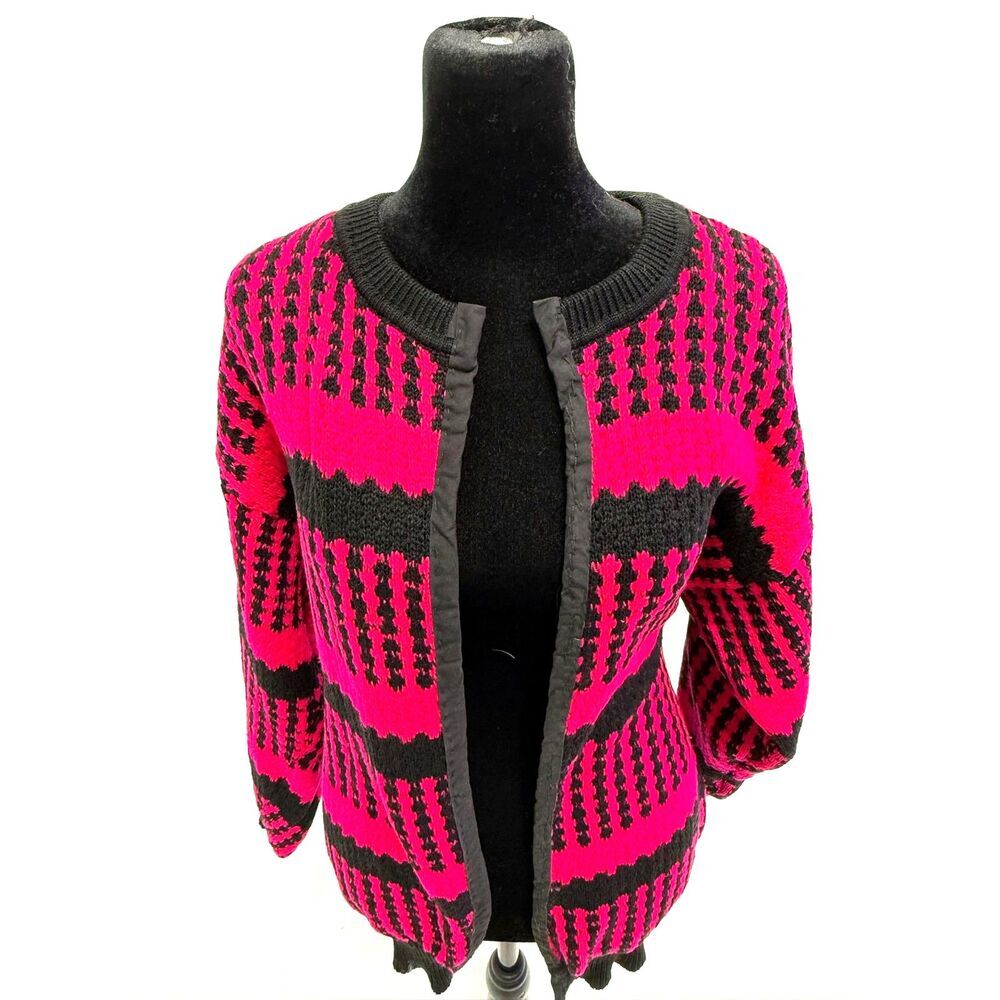 vintage hot pink & black stripe/houndstooth knitted cardigan