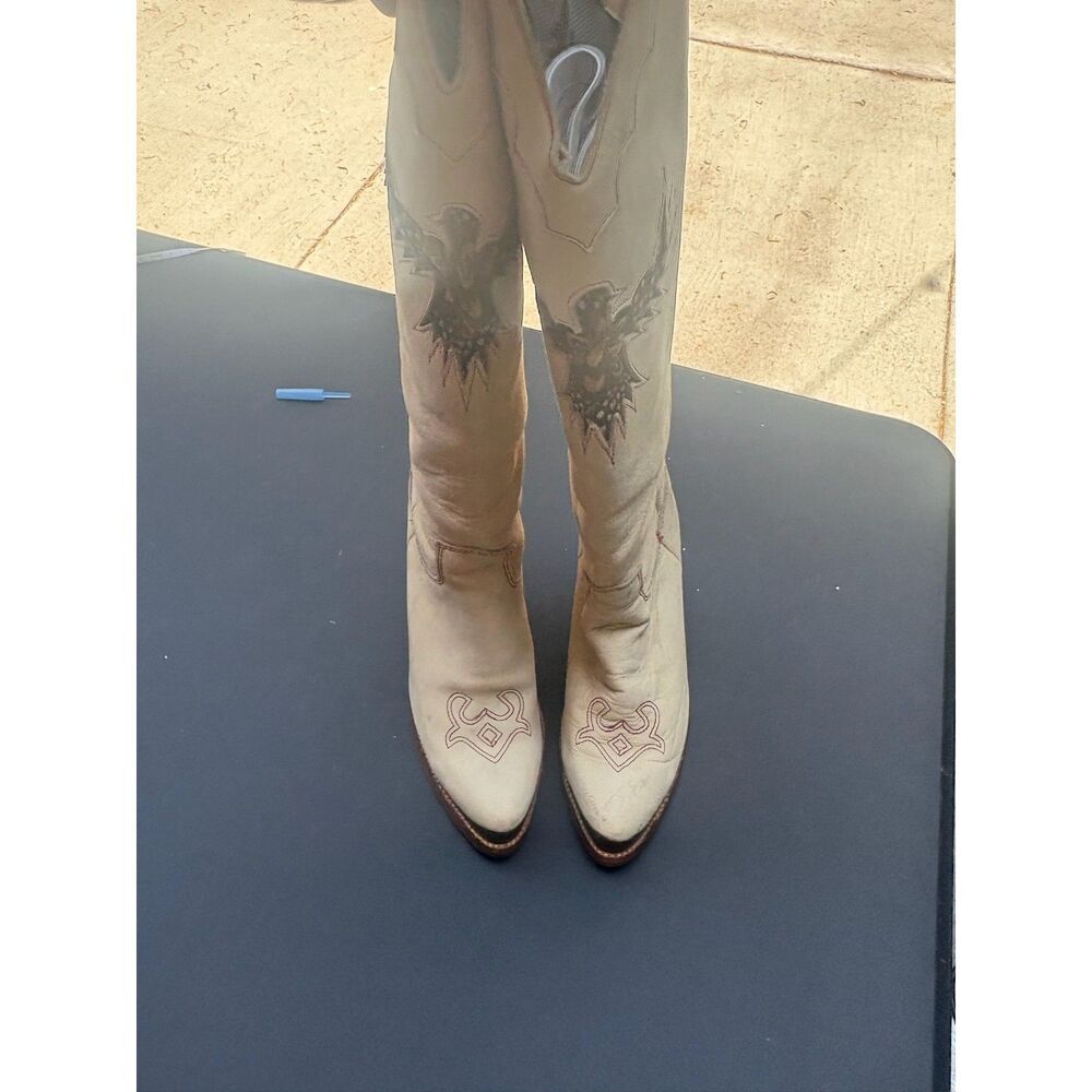 VTG Zodiac USA Phoenix 1970's Western 3.5'' Heel Boots Feather Inlays Size 6.5 W