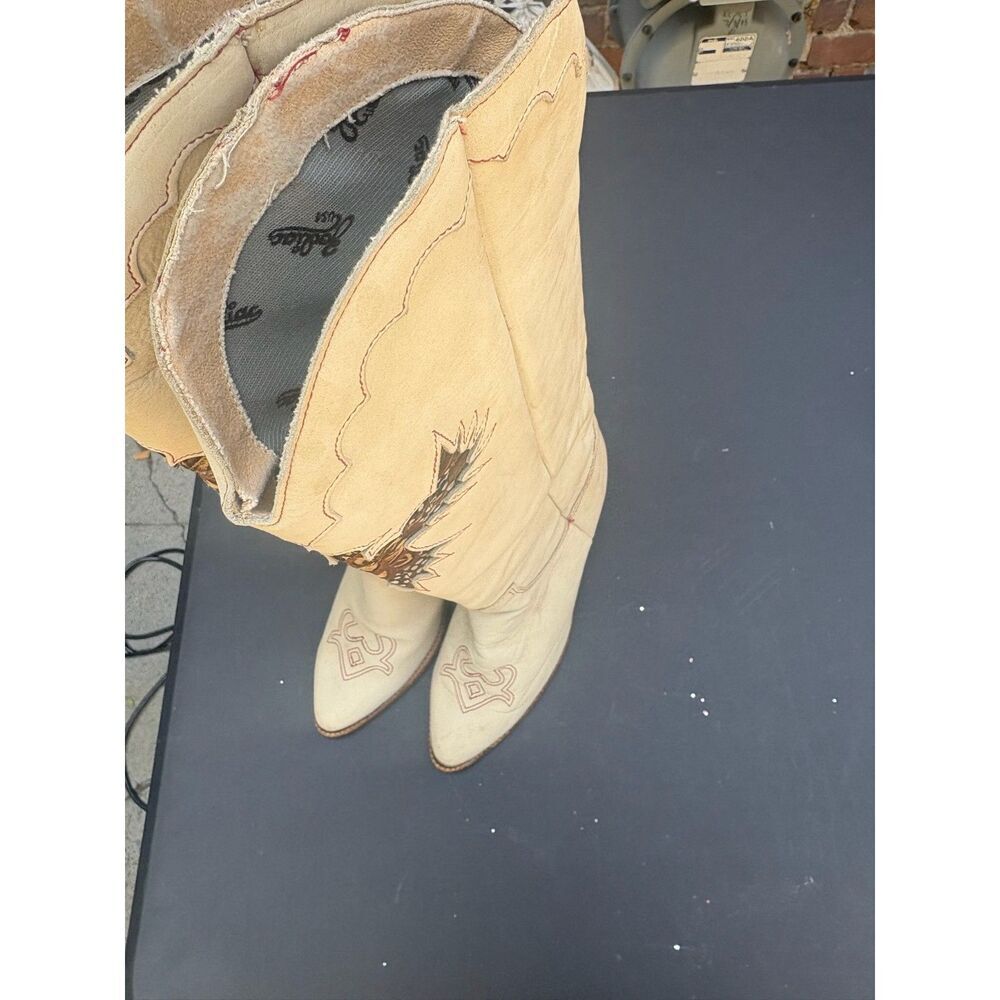 VTG Zodiac USA Phoenix 1970's Western 3.5'' Heel Boots Feather Inlays Size 6.5 W