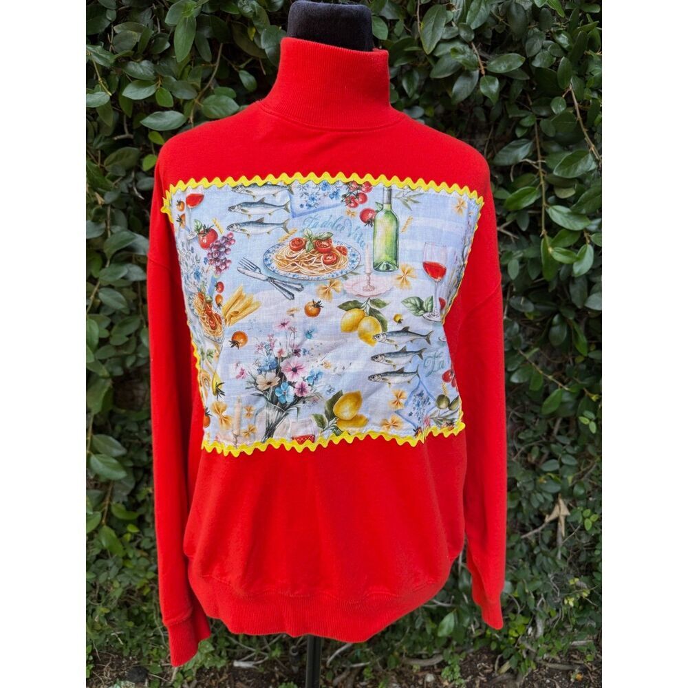 Upcycled Shirt - Pasta Feast appliqué