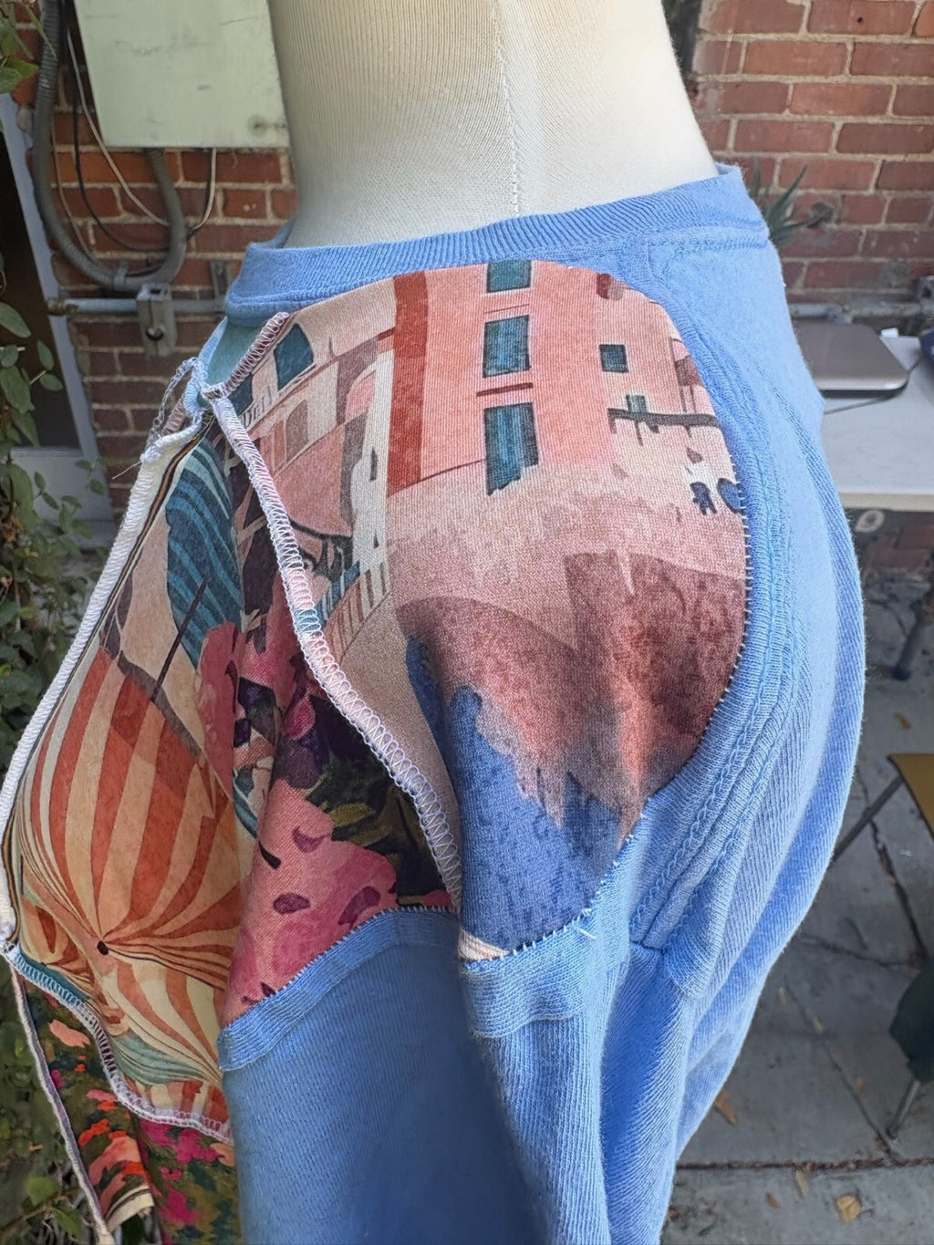 Upcycled blue fabric scrap cropped tee