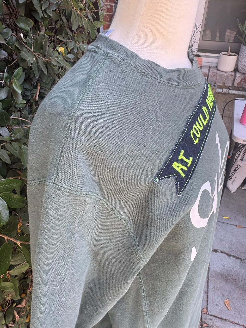 Upcycled AI Could Never... crewneck sweatshirt appliqué