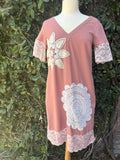 Upcycled dusty rose shift dress with lace doily appliqué