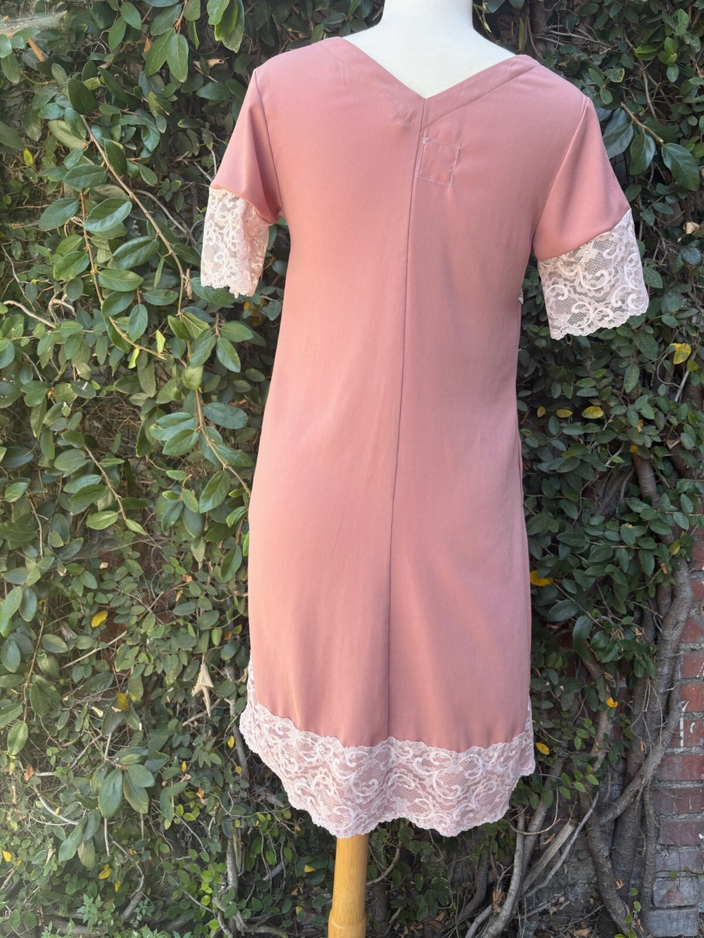 Upcycled dusty rose shift dress with lace doily appliqué