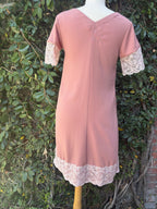 Upcycled dusty rose shift dress with lace doily appliqué