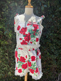 Upcycled vintage red rose cotton tablecloth set