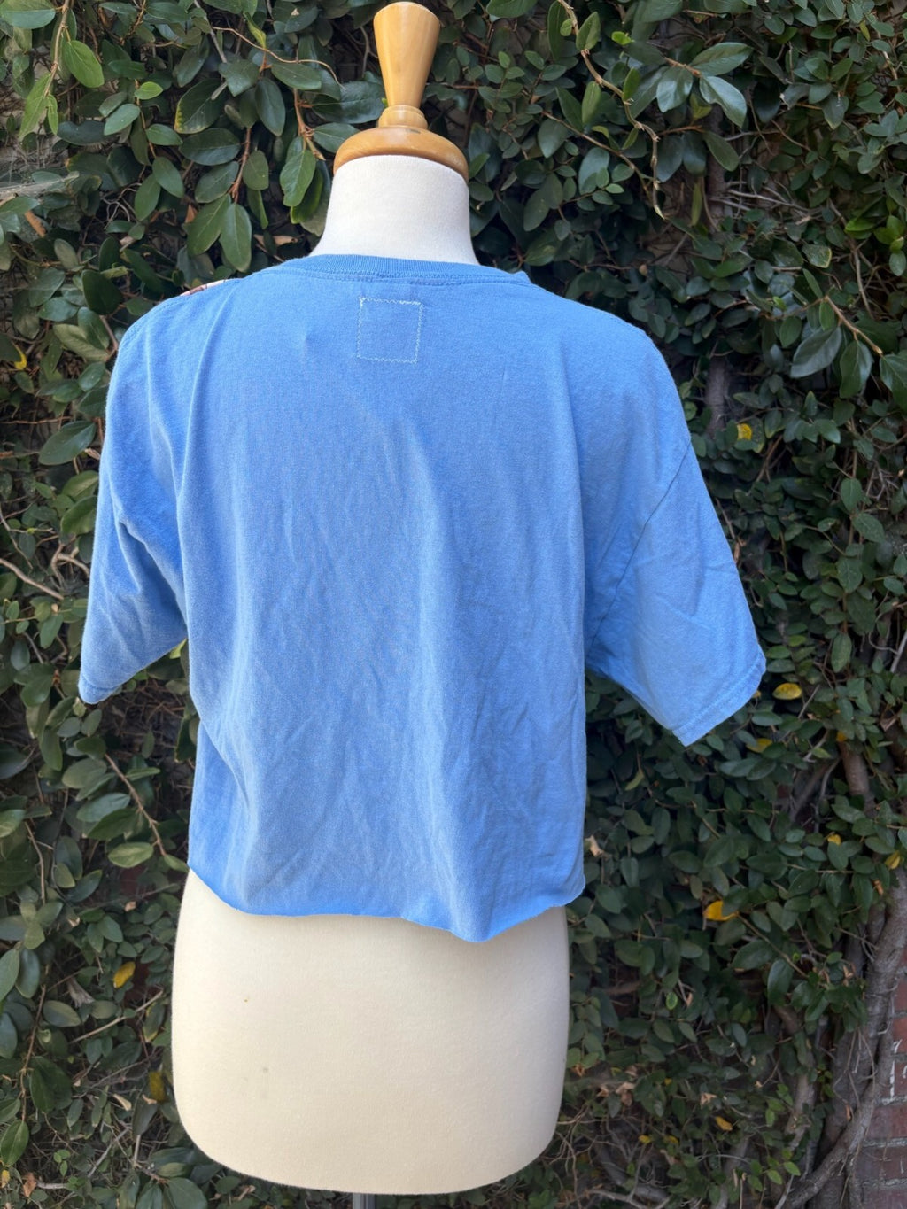 Upcycled blue fabric scrap cropped tee