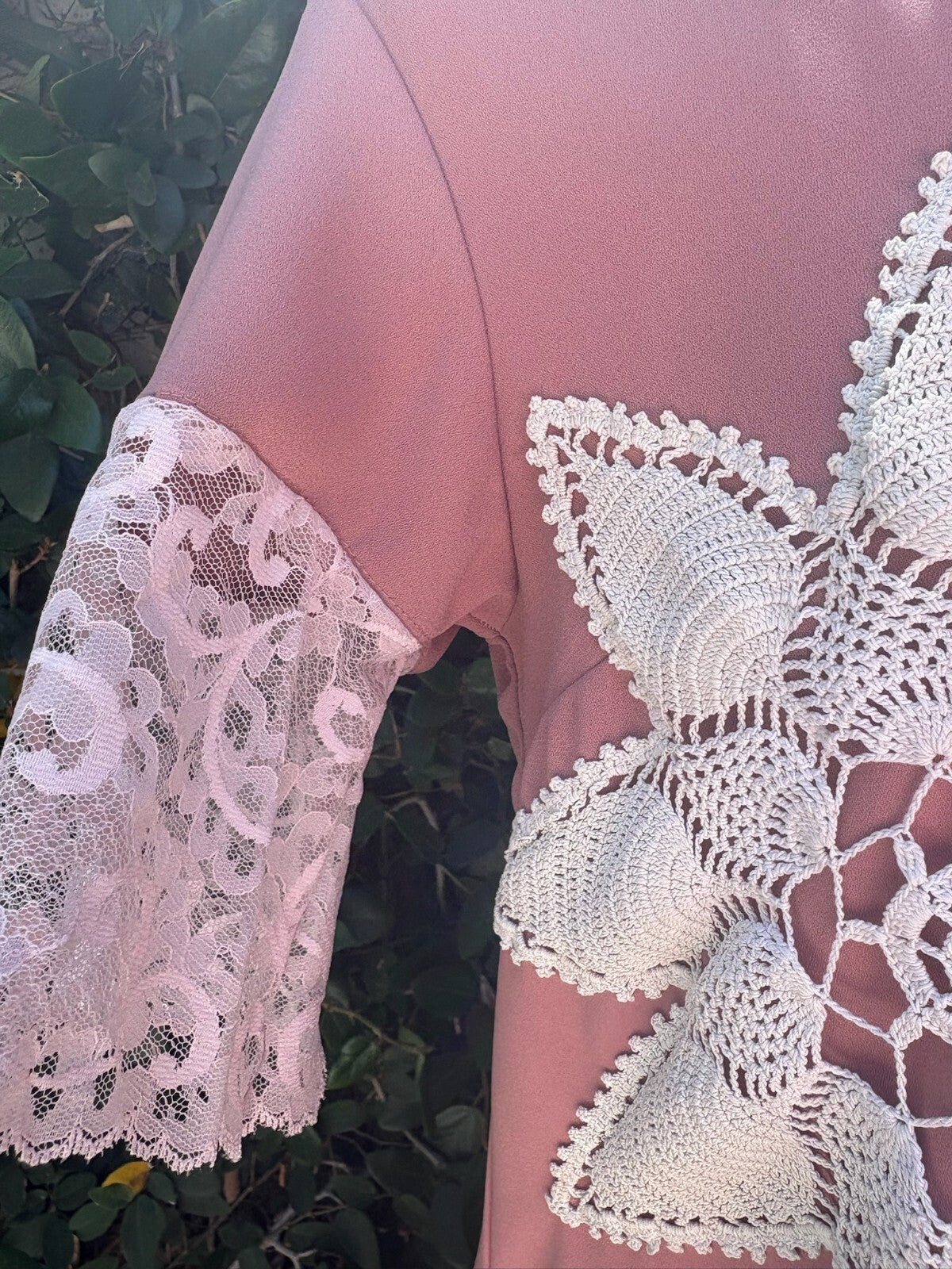 Upcycled dusty rose shift dress with lace doily appliqué