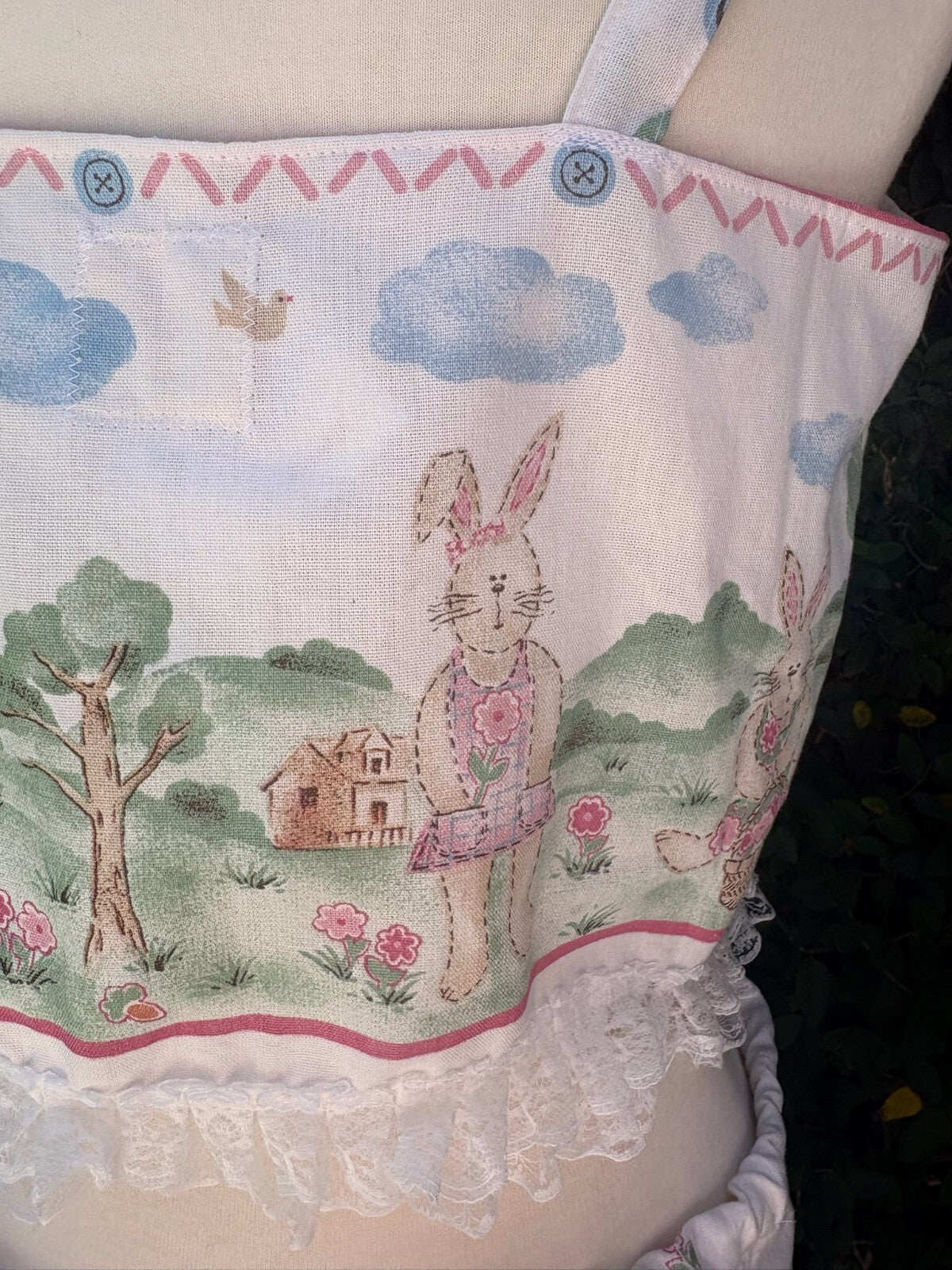 Upcycled vintage bunny garden print cotton tablecloth set