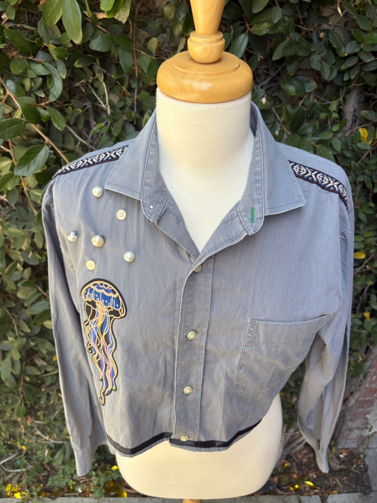 Upcycled cropped men's dress shirt - jellyfish