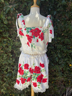 Upcycled vintage red rose cotton tablecloth set