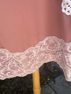 Upcycled dusty rose shift dress with lace doily appliqué