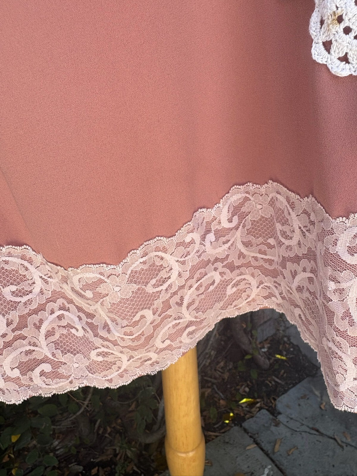 Upcycled dusty rose shift dress with lace doily appliqué