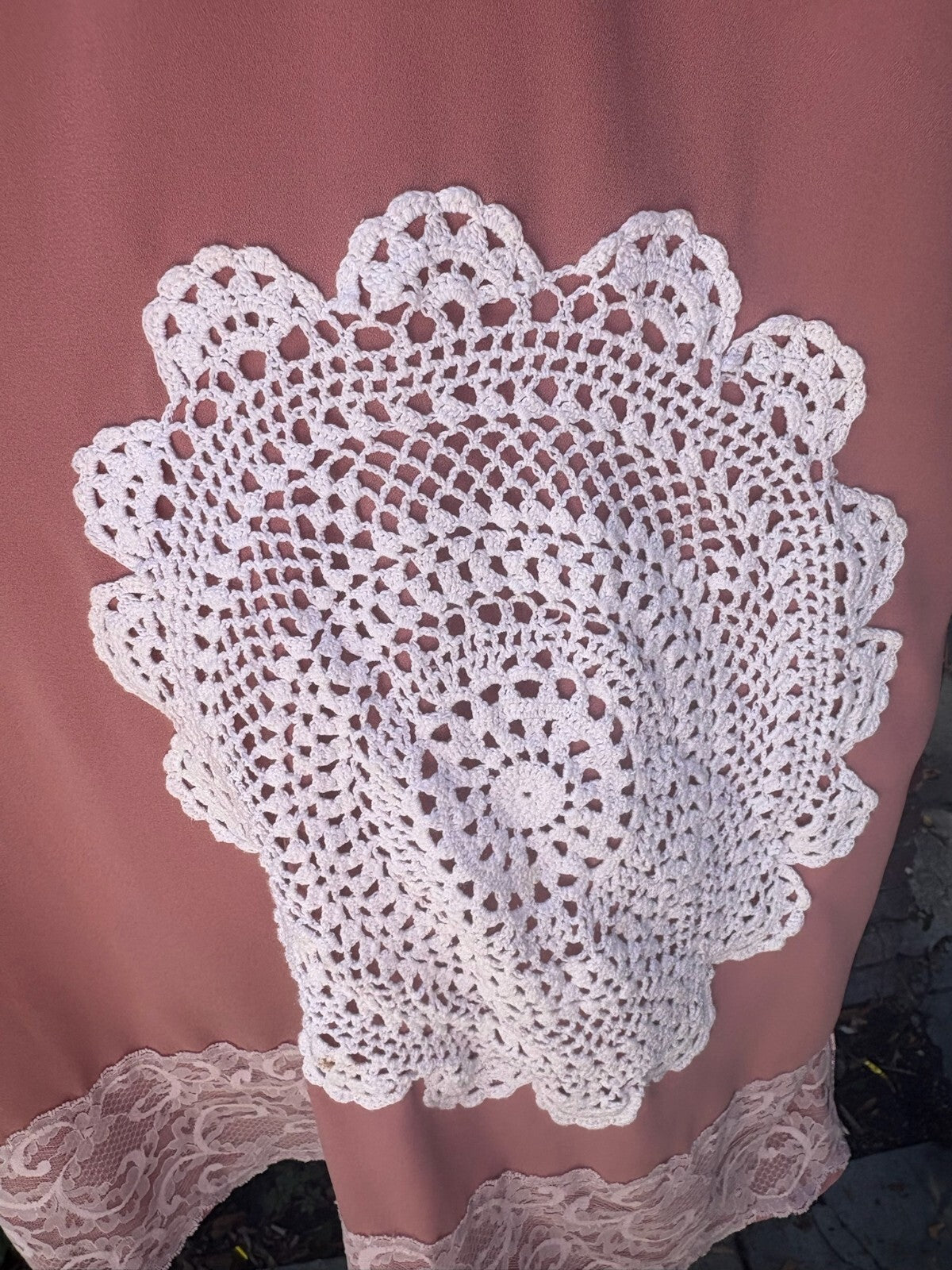 Upcycled dusty rose shift dress with lace doily appliqué