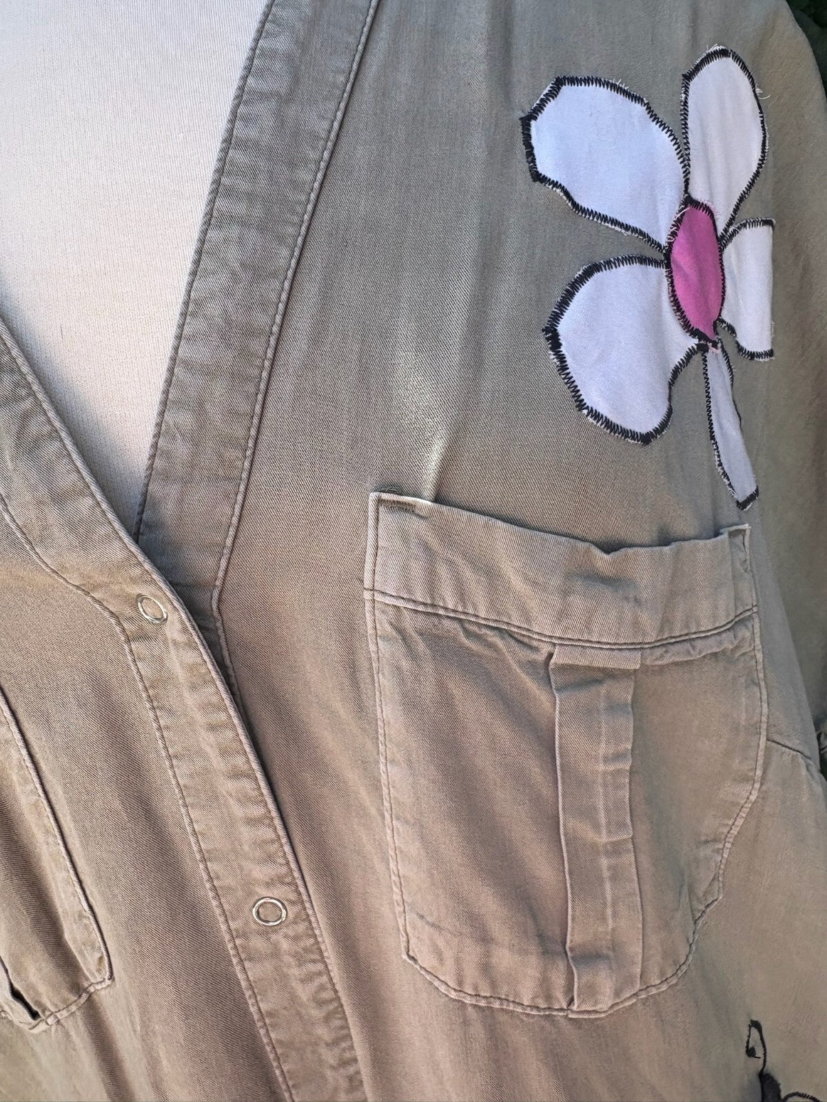 Upcycled chambray shirt dress daisy ladybug appliqué