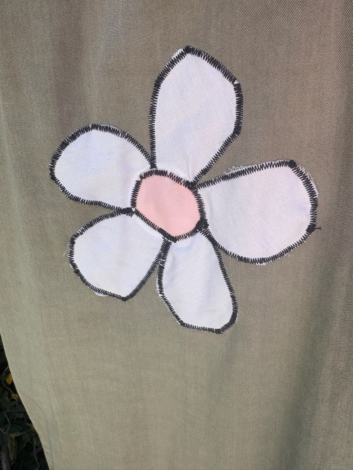 Upcycled chambray shirt dress daisy ladybug appliqué