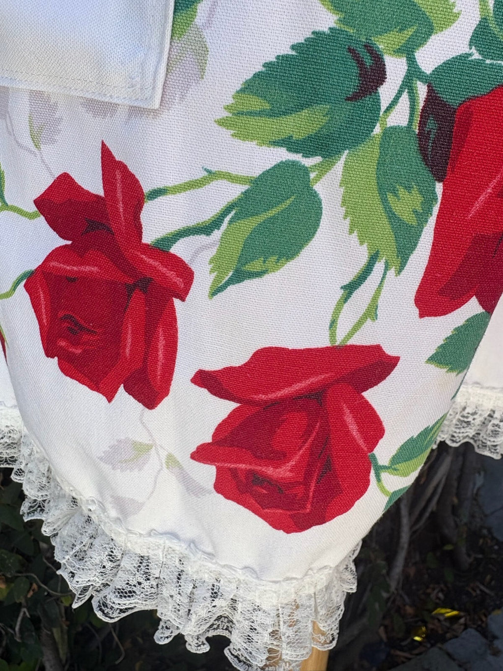 Upcycled vintage red rose cotton tablecloth set