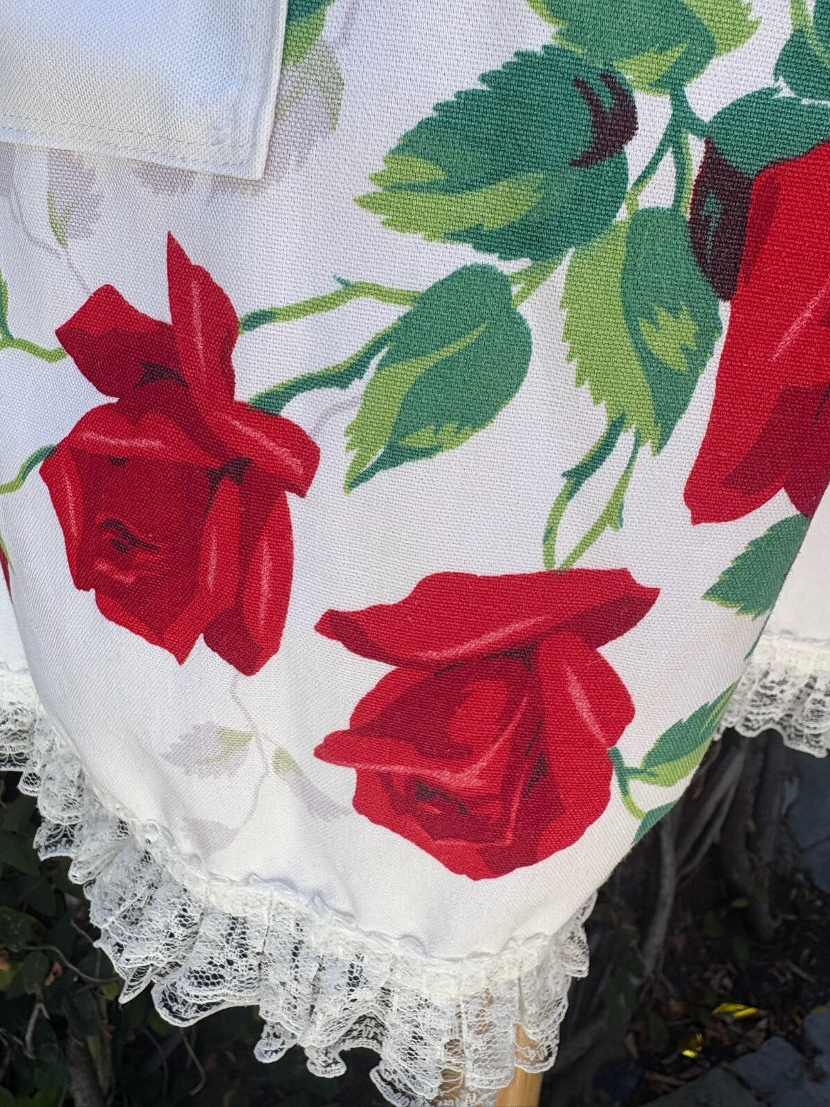 Upcycled vintage red rose cotton tablecloth set