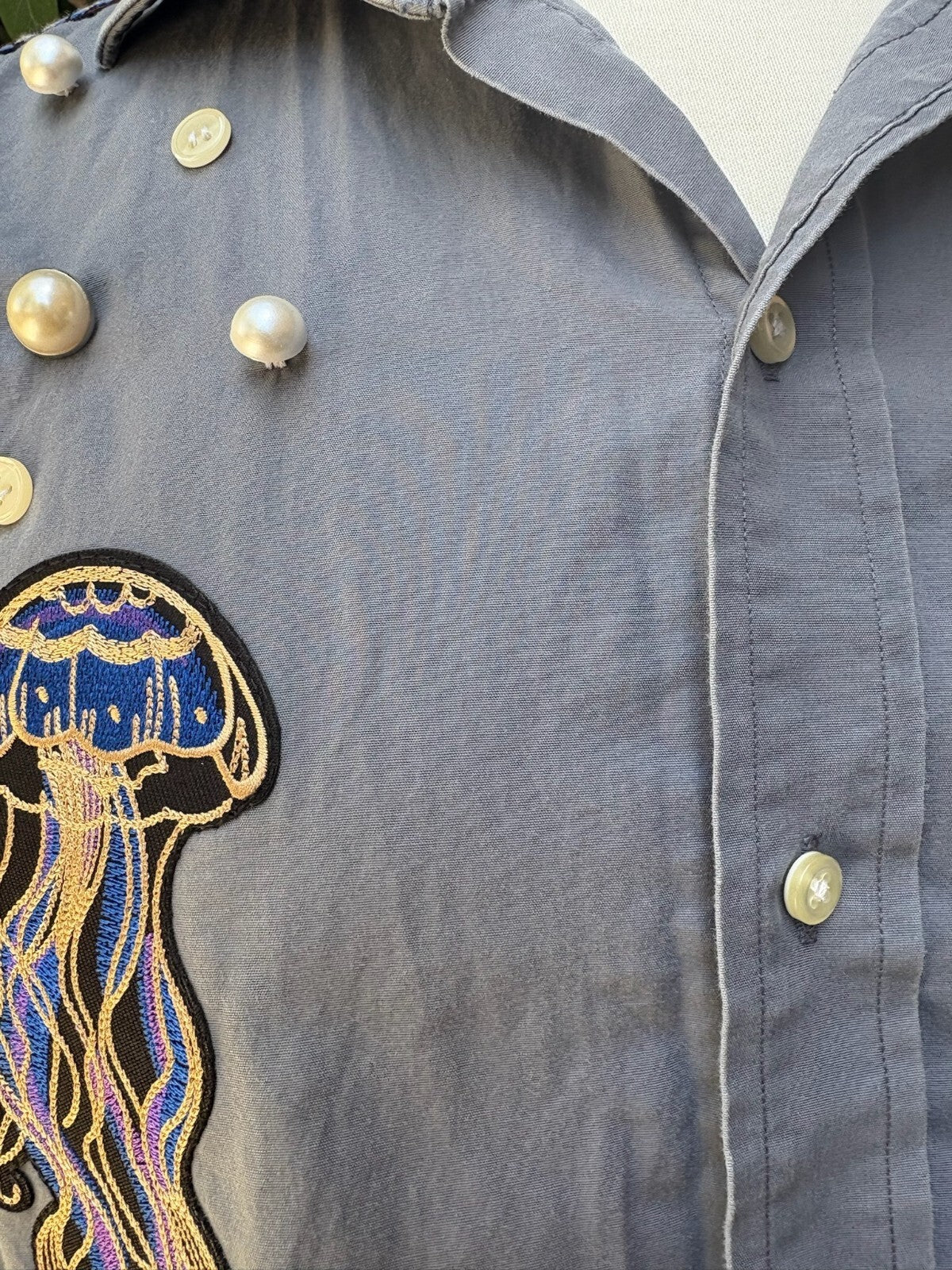 Upcycled cropped men's dress shirt - jellyfish