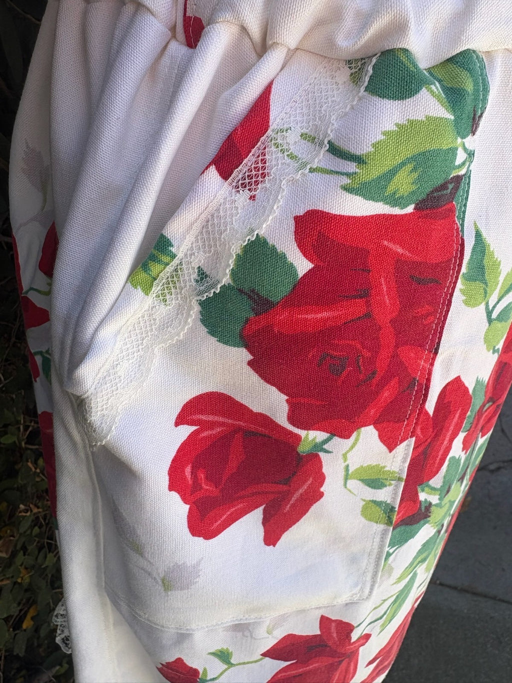 Upcycled vintage red rose cotton tablecloth set