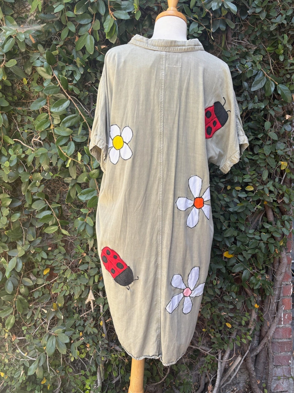 Upcycled chambray shirt dress daisy ladybug appliqué