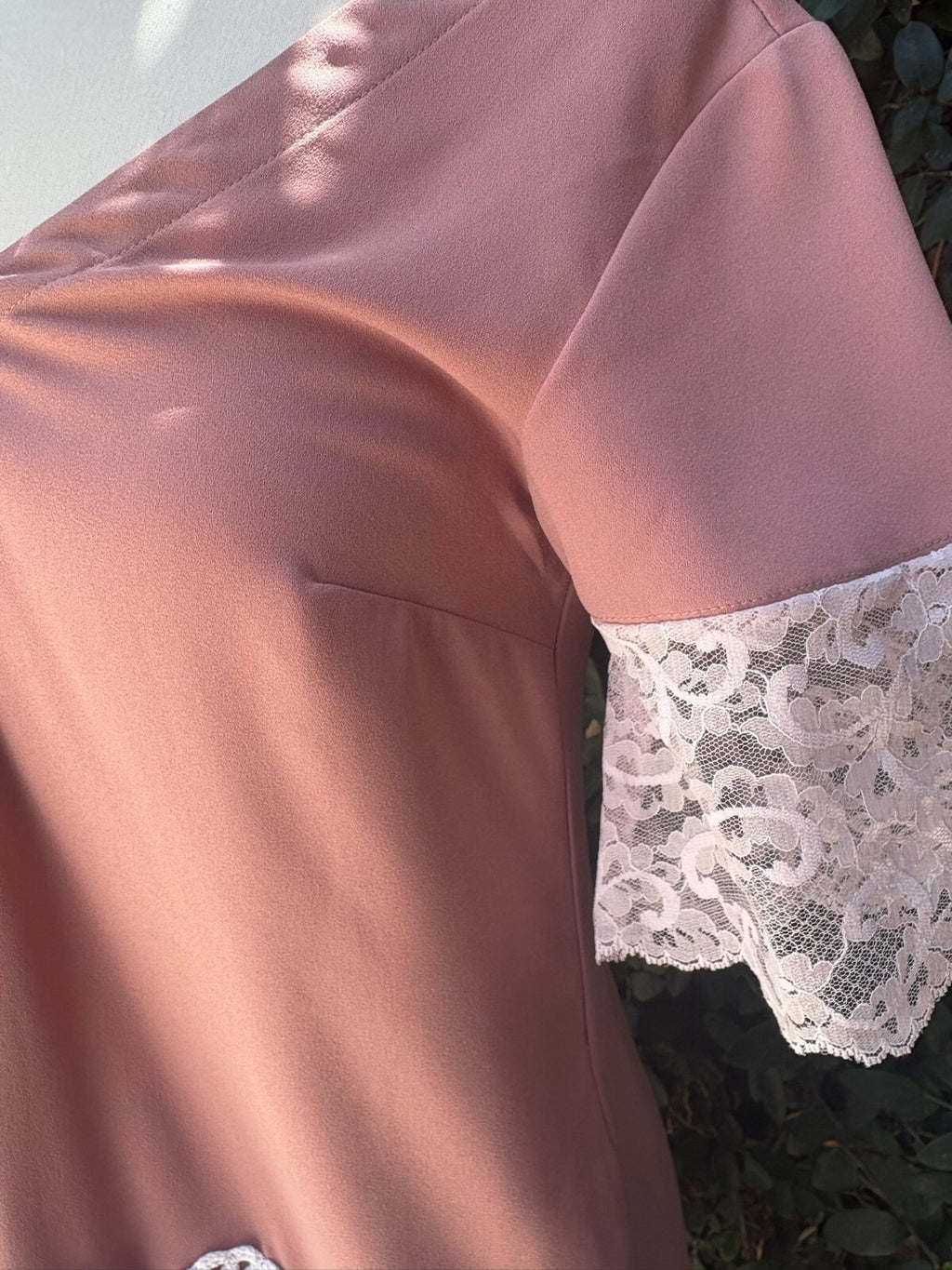 Upcycled dusty rose shift dress with lace doily appliqué