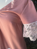 Upcycled dusty rose shift dress with lace doily appliqué