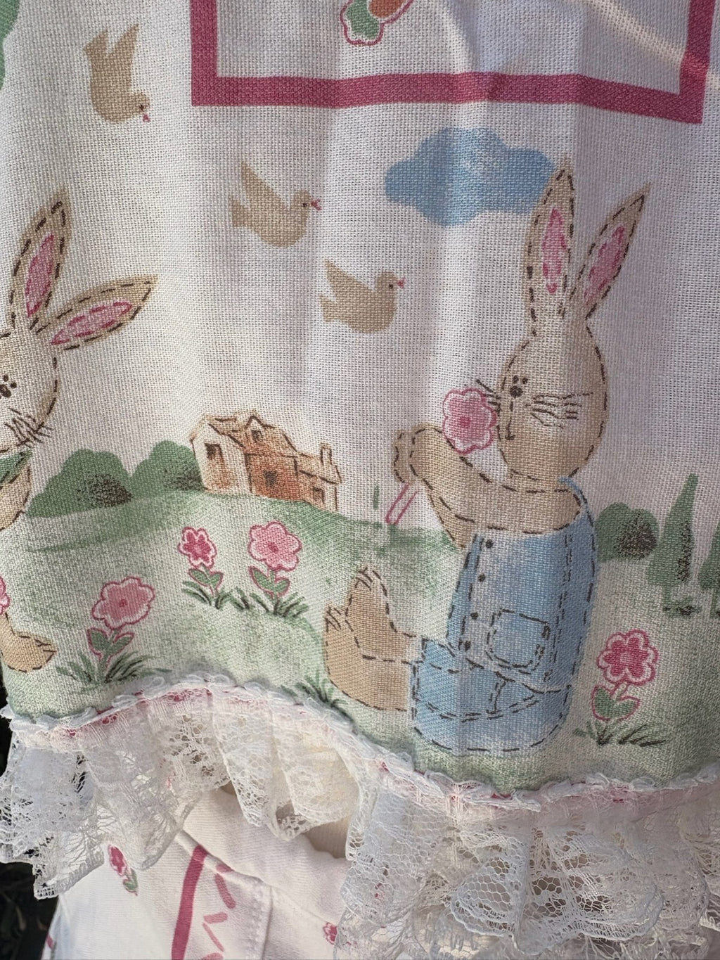 Upcycled vintage bunny garden print cotton tablecloth set
