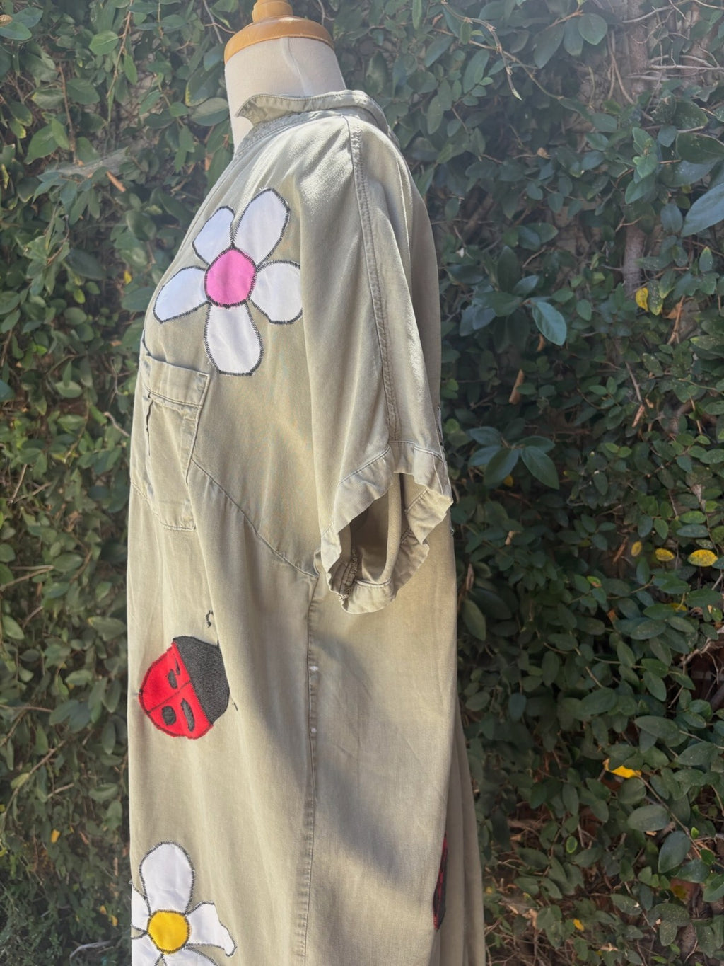 Upcycled chambray shirt dress daisy ladybug appliqué