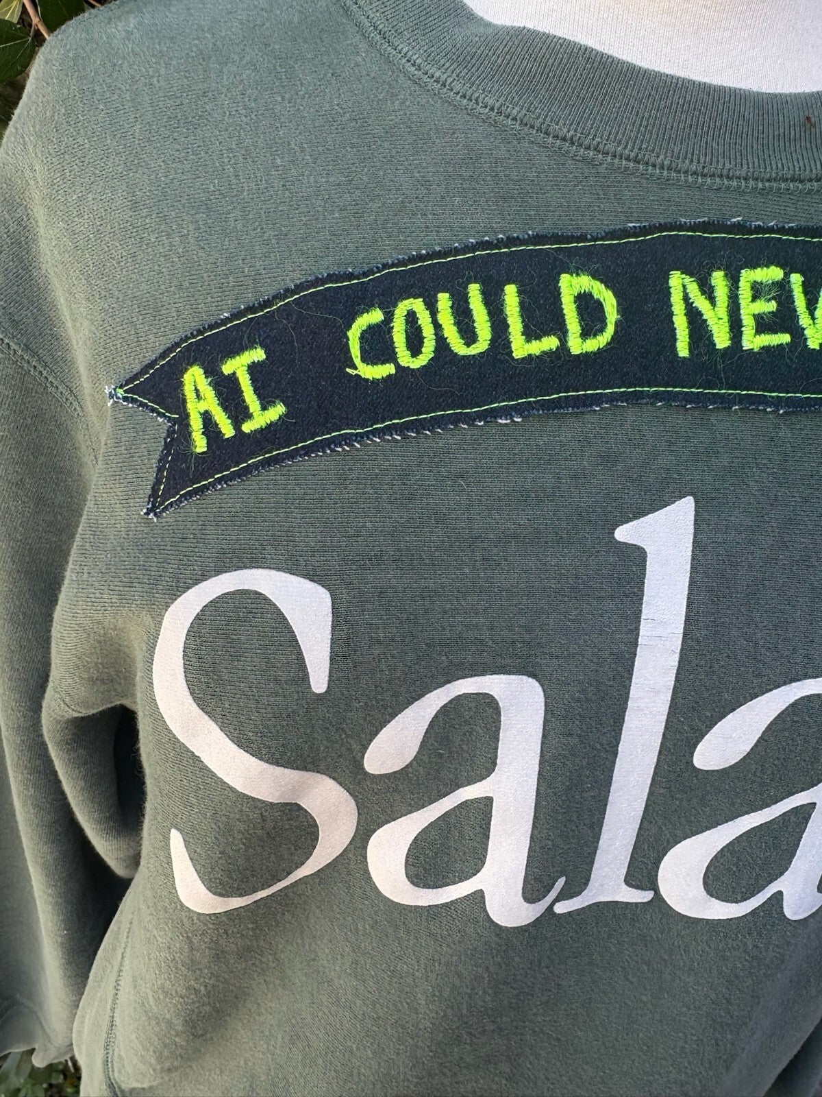Upcycled AI Could Never... crewneck sweatshirt appliqué
