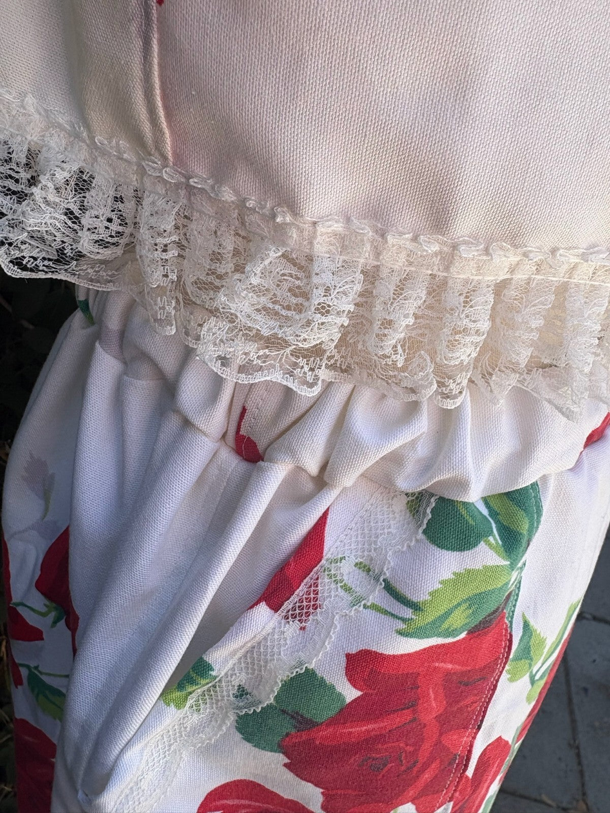Upcycled vintage red rose cotton tablecloth set