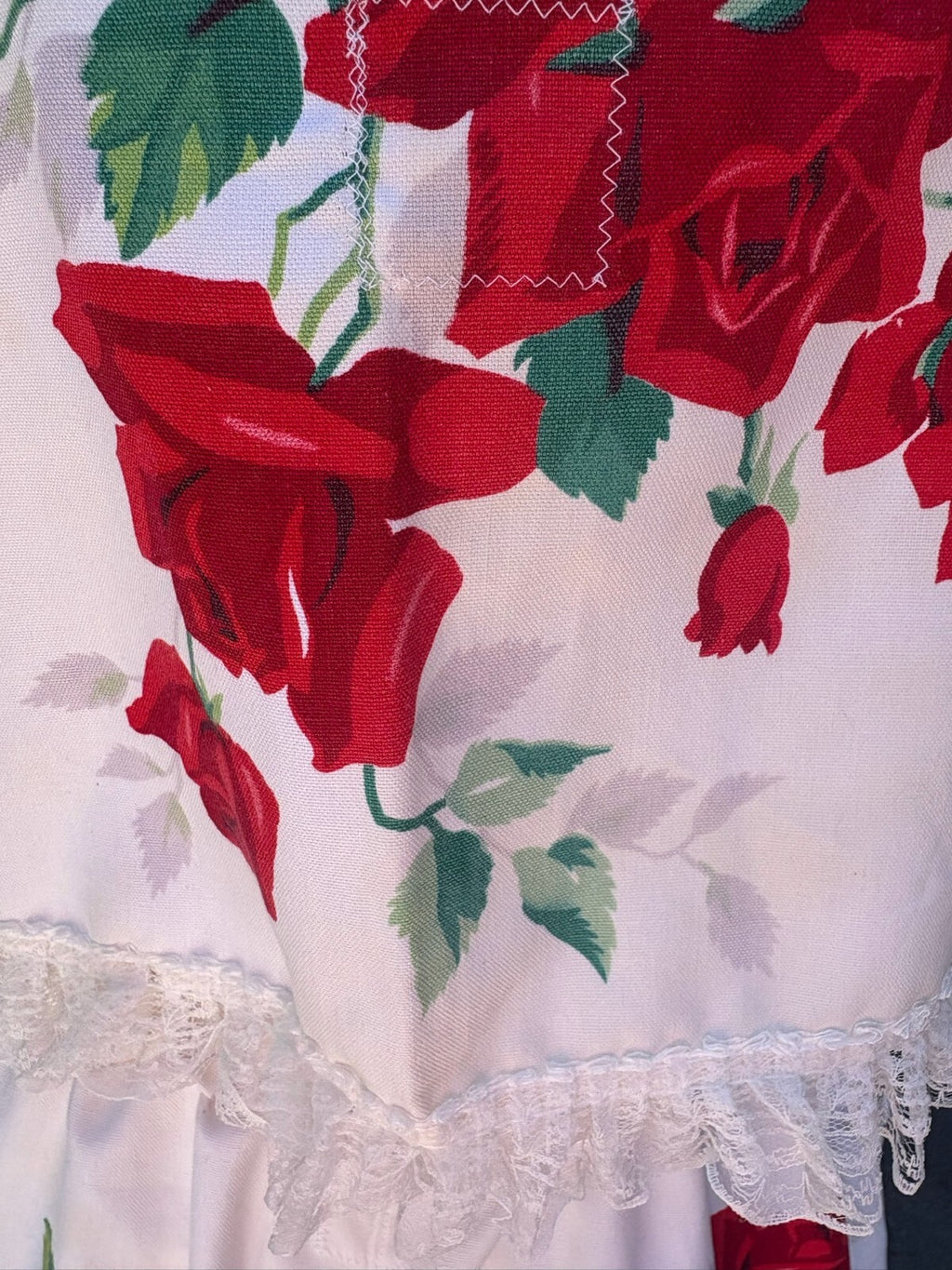 Upcycled vintage red rose cotton tablecloth set