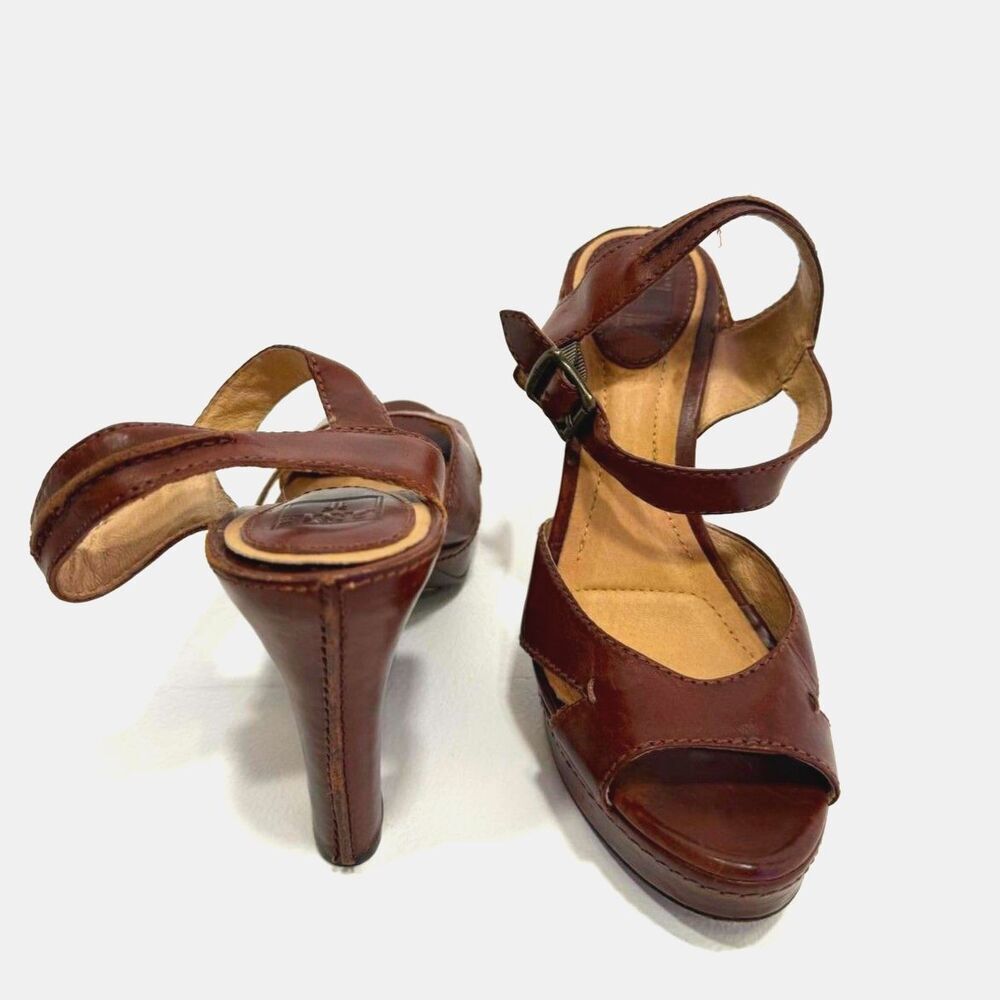 Frye Samantha Seam brown leather ankle strap platform heel sandal