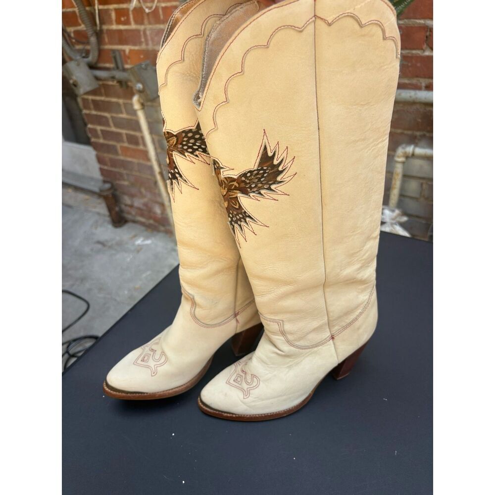 VTG Zodiac USA Phoenix 1970's Western 3.5'' Heel Boots Feather Inlays Size 6.5 W