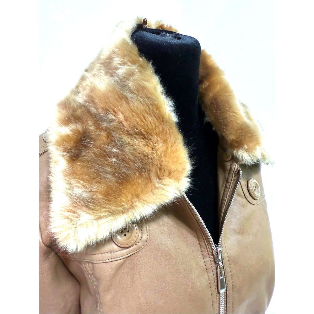Cavalini Taupe pleather trench coat with faux fur collar