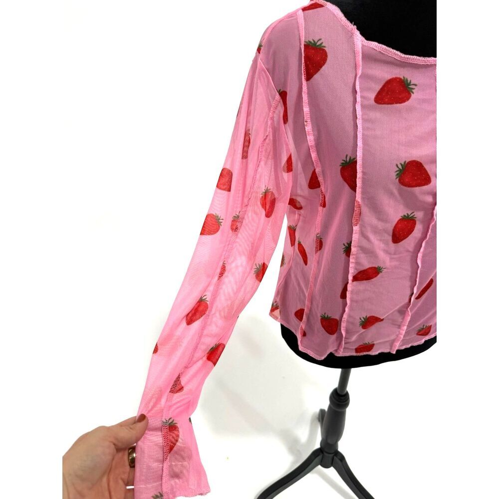 pink strawberry print long sleeve sheer mesh top