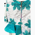 Vintage 60s teal & white occasion midi w/ shoulder cut out, peplum, jeweled
