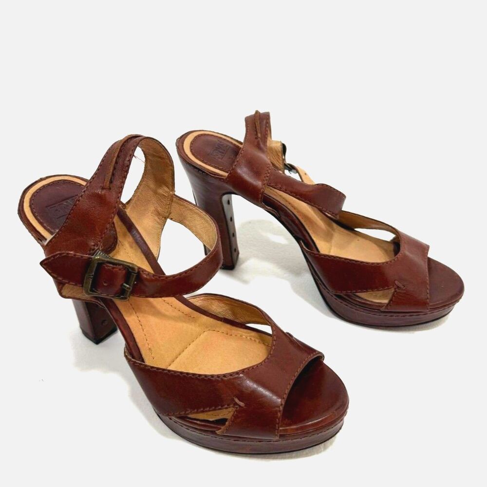 Frye Samantha Seam brown leather ankle strap platform heel sandal