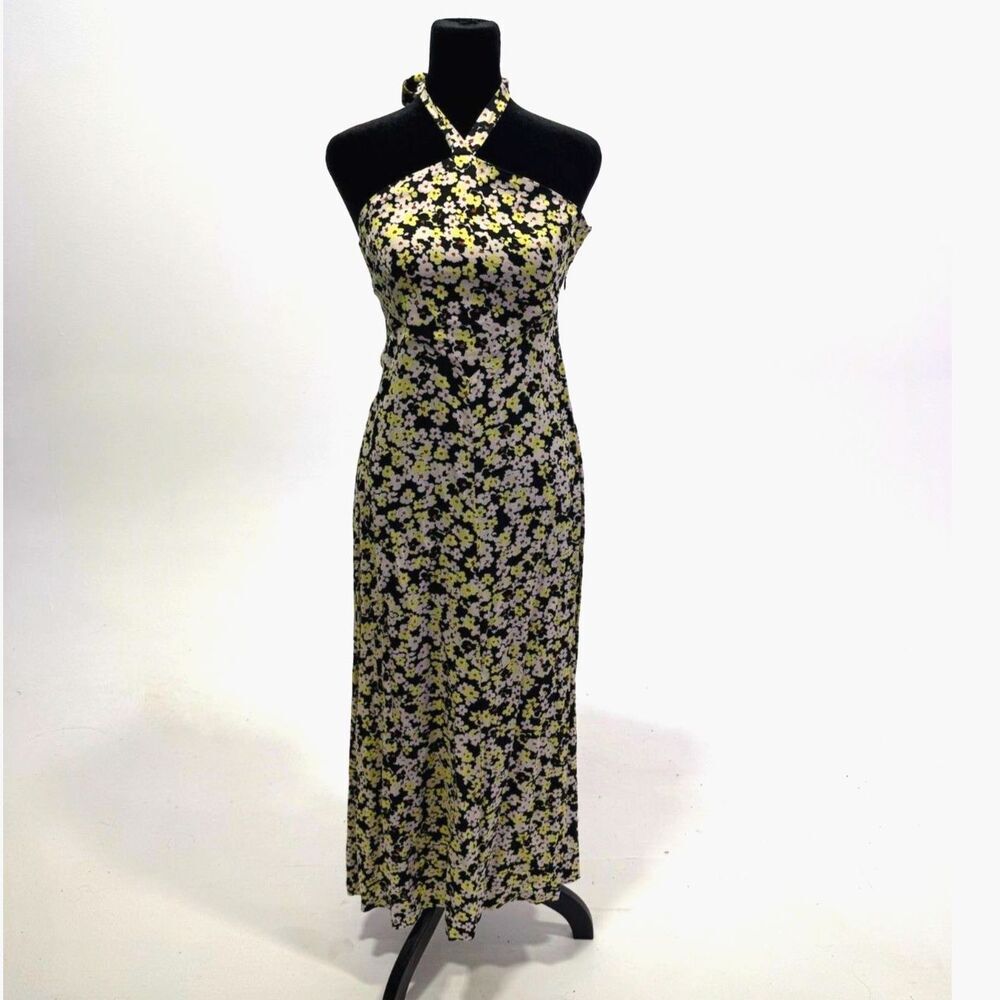 & Other Stories neon yellow black and white floral halter midi dress