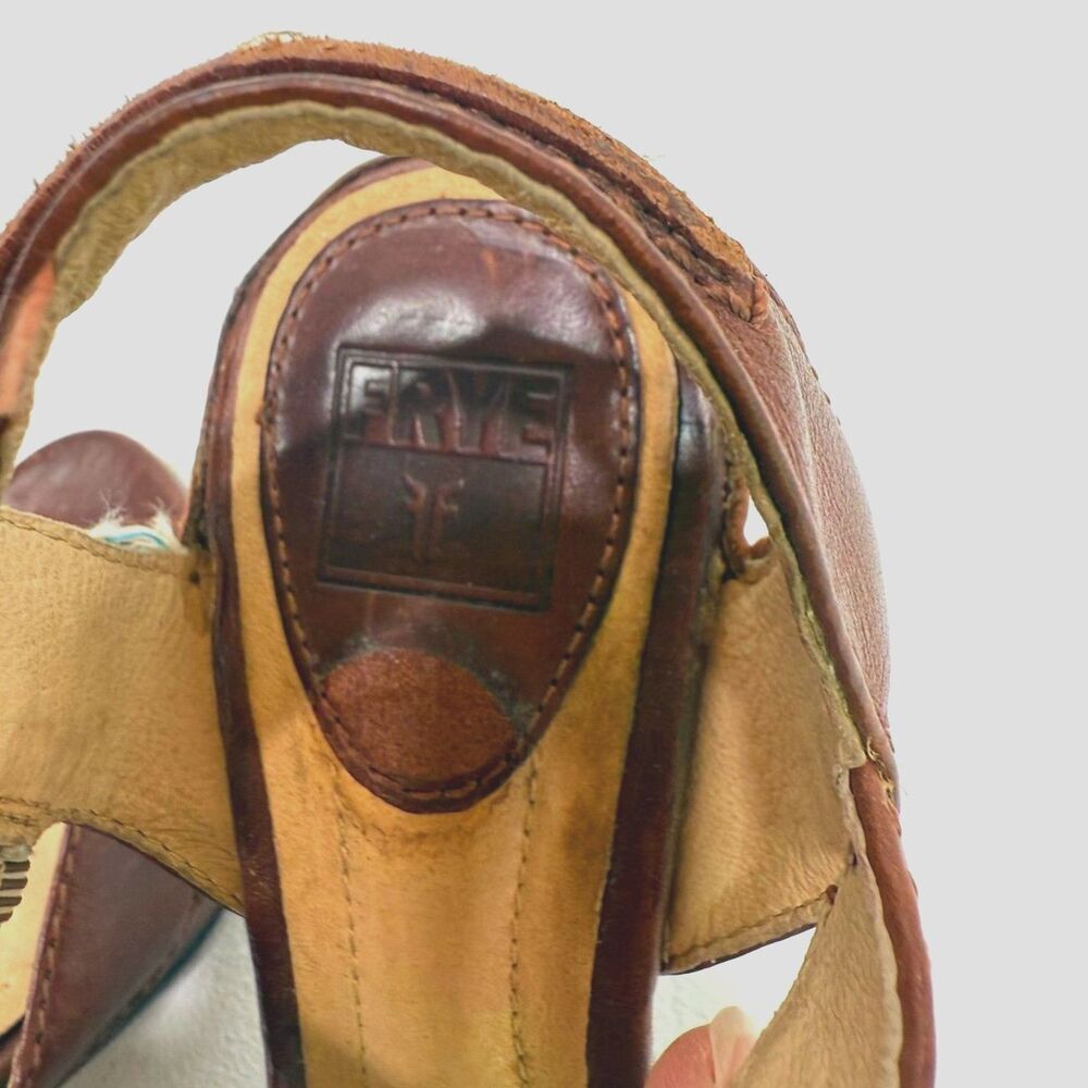 Frye Samantha Seam brown leather ankle strap platform heel sandal