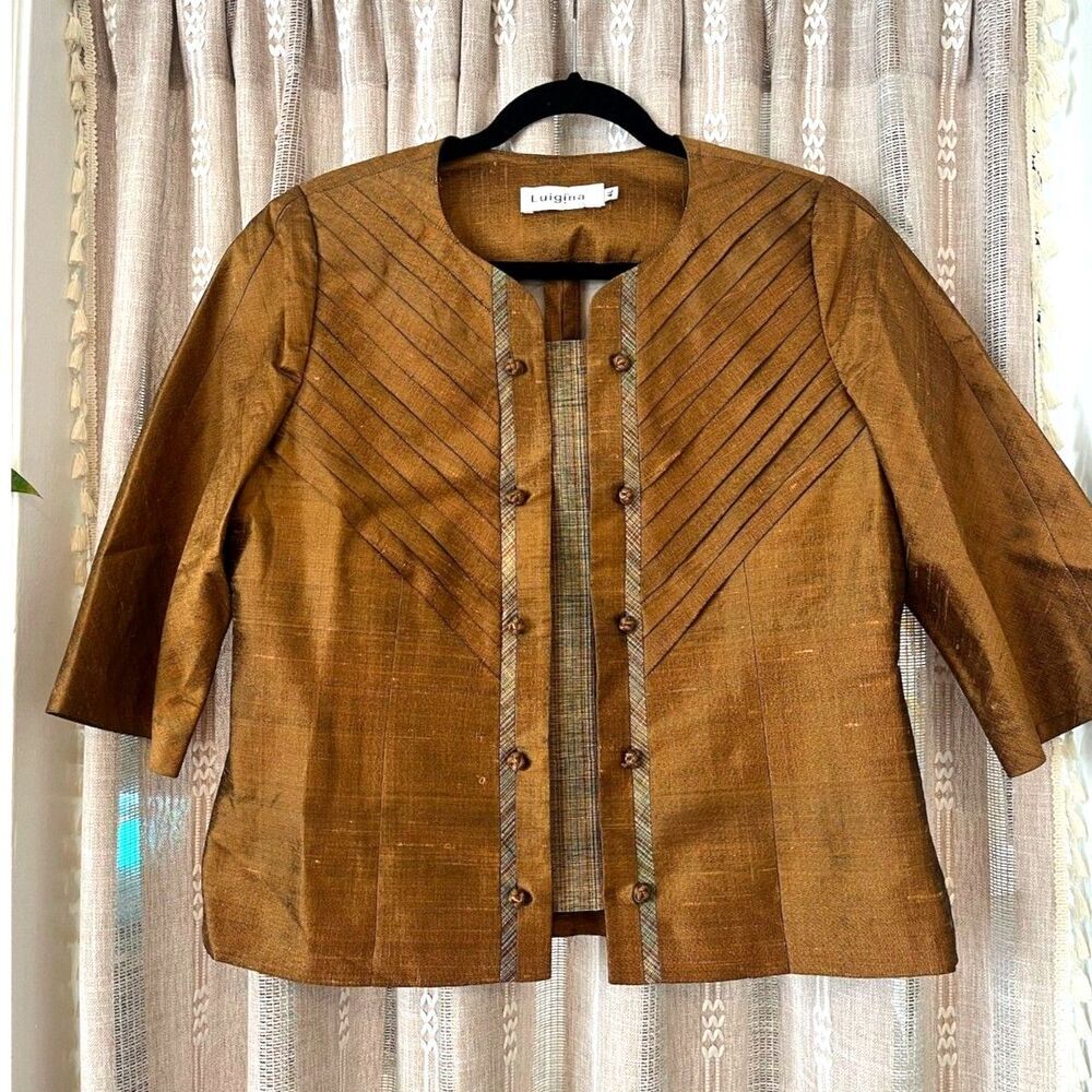Luigina copper pleated detail 3/4 sleeve blazer