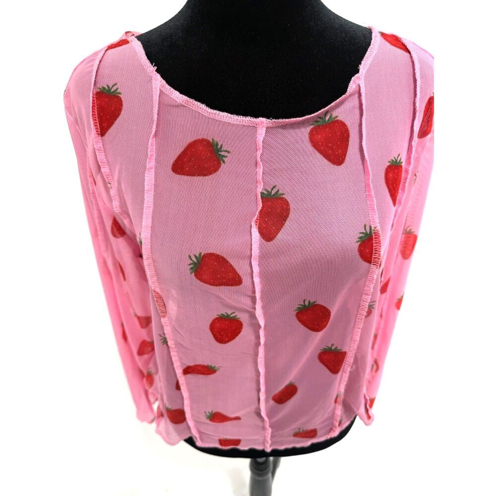 pink strawberry print long sleeve sheer mesh top