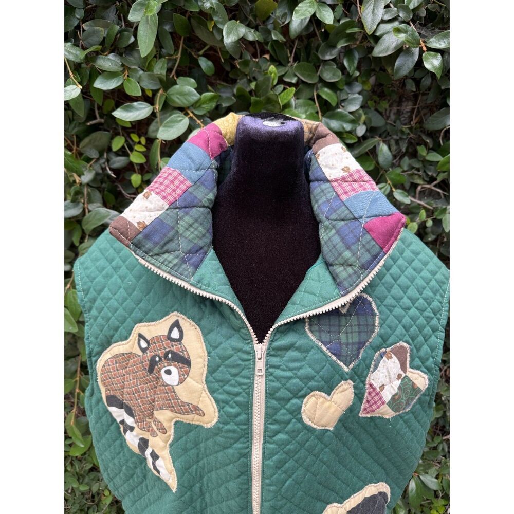 Upcycled Blanket Full Zip Vest - Green quilted critters