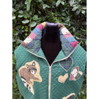 Upcycled Blanket Full Zip Vest - Green quilted critters